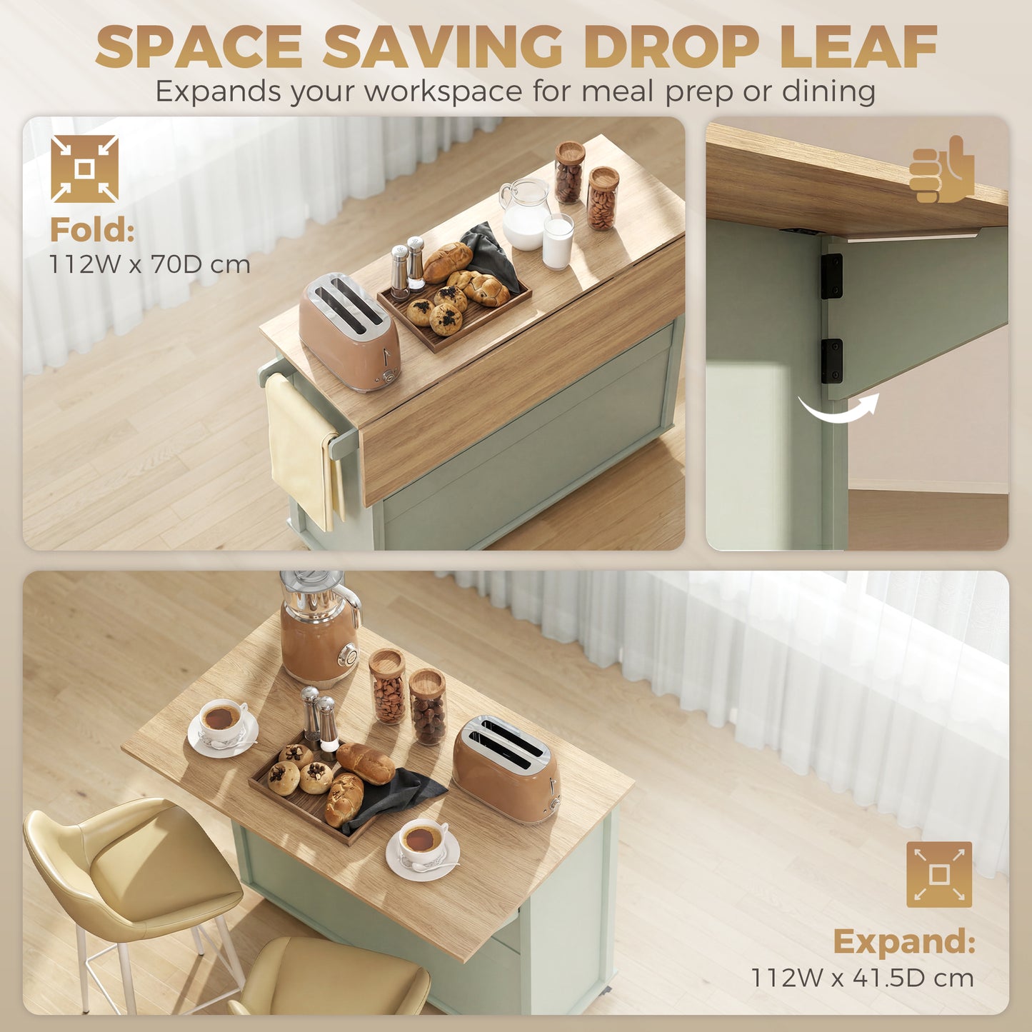 HOMCOM Kitchen Island with Drop Leaf Tabletop Kitchen Island on Wheels Storage Cabinet Shelf Trolley Light Green