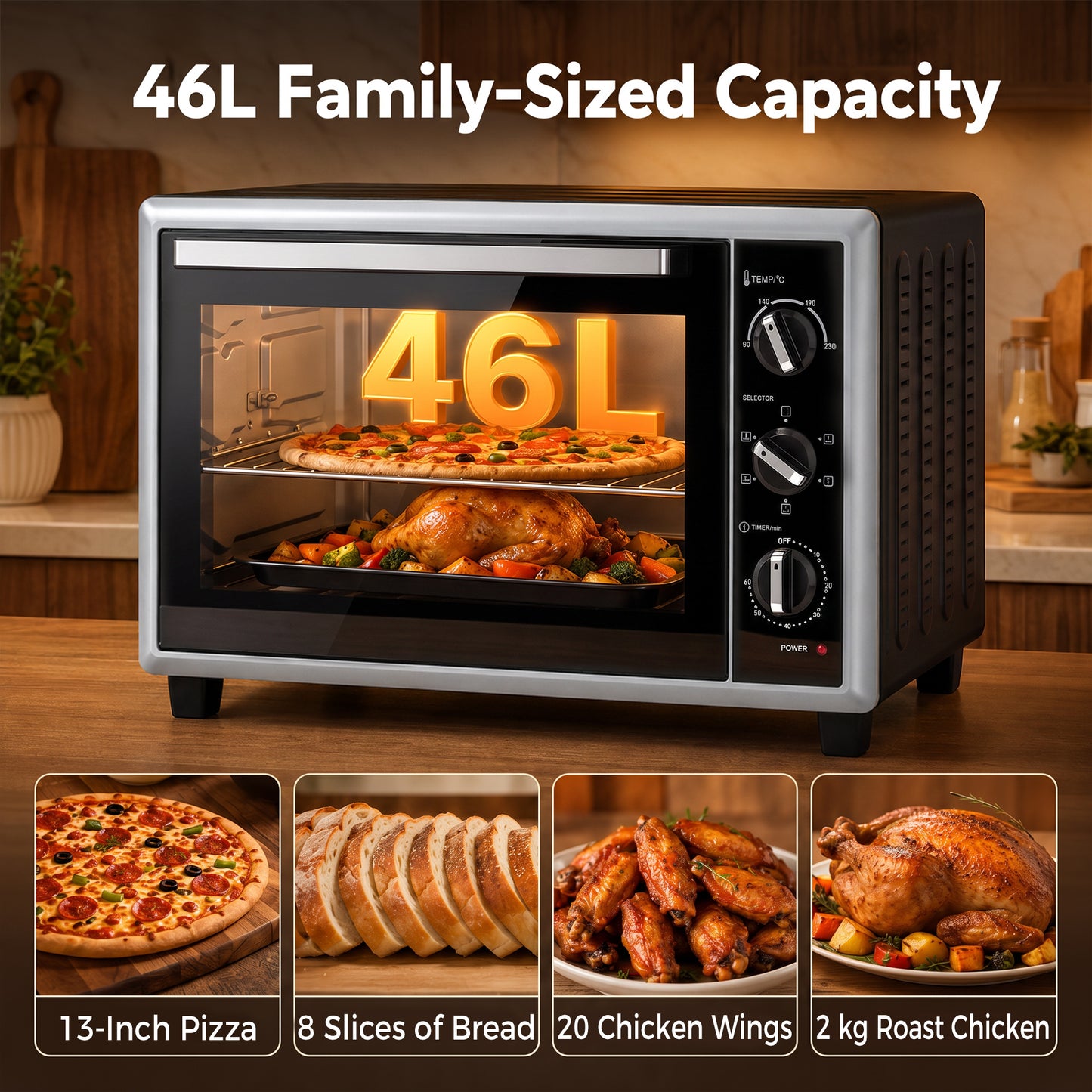 HOMCOM 46L Mini Oven with Convection with Rotisserie, 90–230°C Adjustable Temperature, 60 Minute Timer, 1800 W, Black
