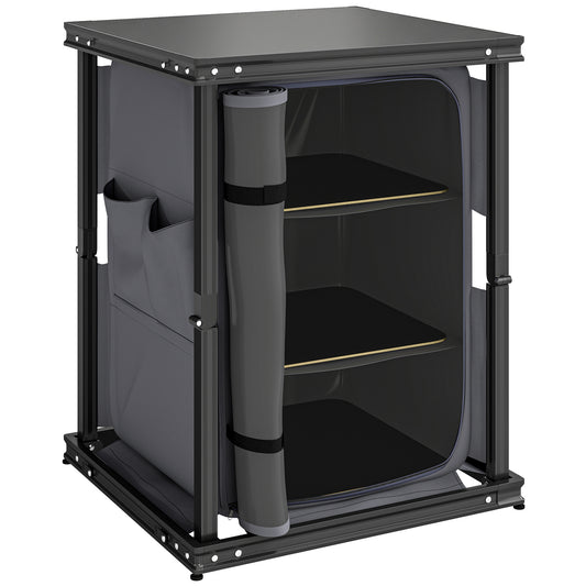 Outsunny Camping Camping Cupboards, Folding Portable Kitchen Table with 3-Tier Storage, Black