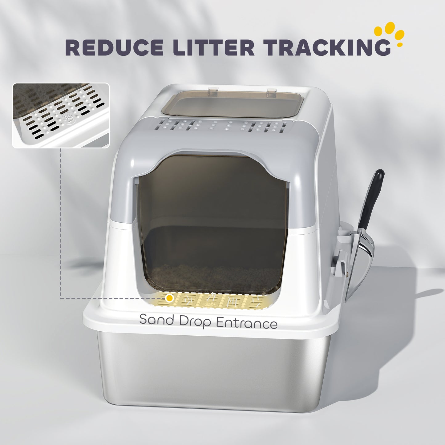 PawHut Extra Large Stainless Steel Litter Box, Enclosed Cat Litter Tray with Scoop, Deodorizer Bag, Front-Entry and Top-Exit