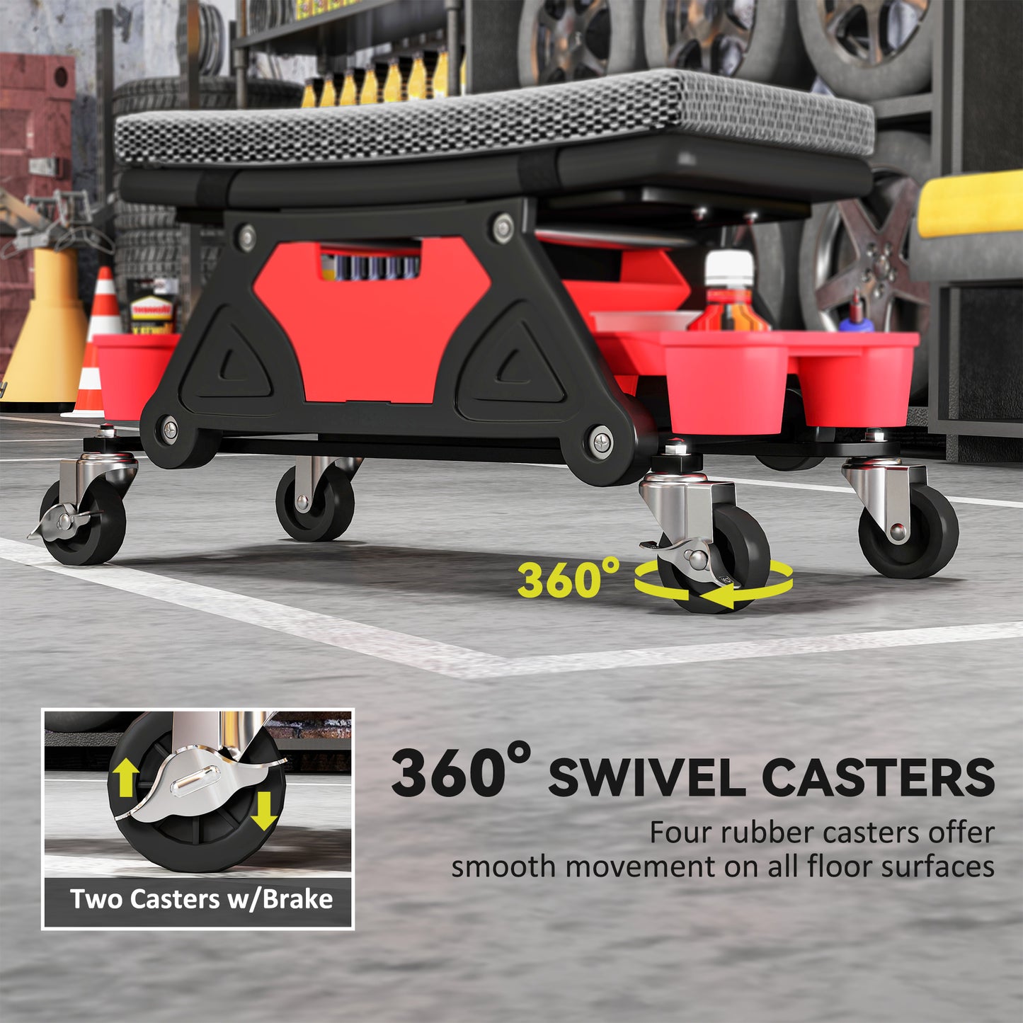 HOMCOM Rolling Mechanic Stool, 135kg Capacity, 360° Swivel, Padded Creeper Seat with Wheels, Tool Trays & Drawer for Garage, Auto Repair, Black