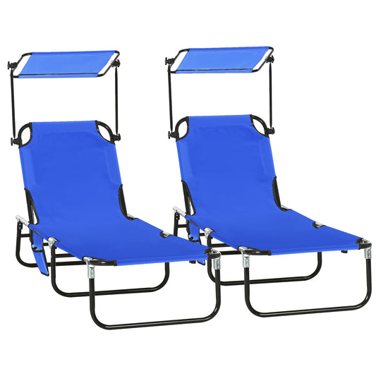 Outsunny 2 Piece Folding Sun Loungers, Adjustable Recliners with Canopy, Steel Frame, Garden/Beach, Blue