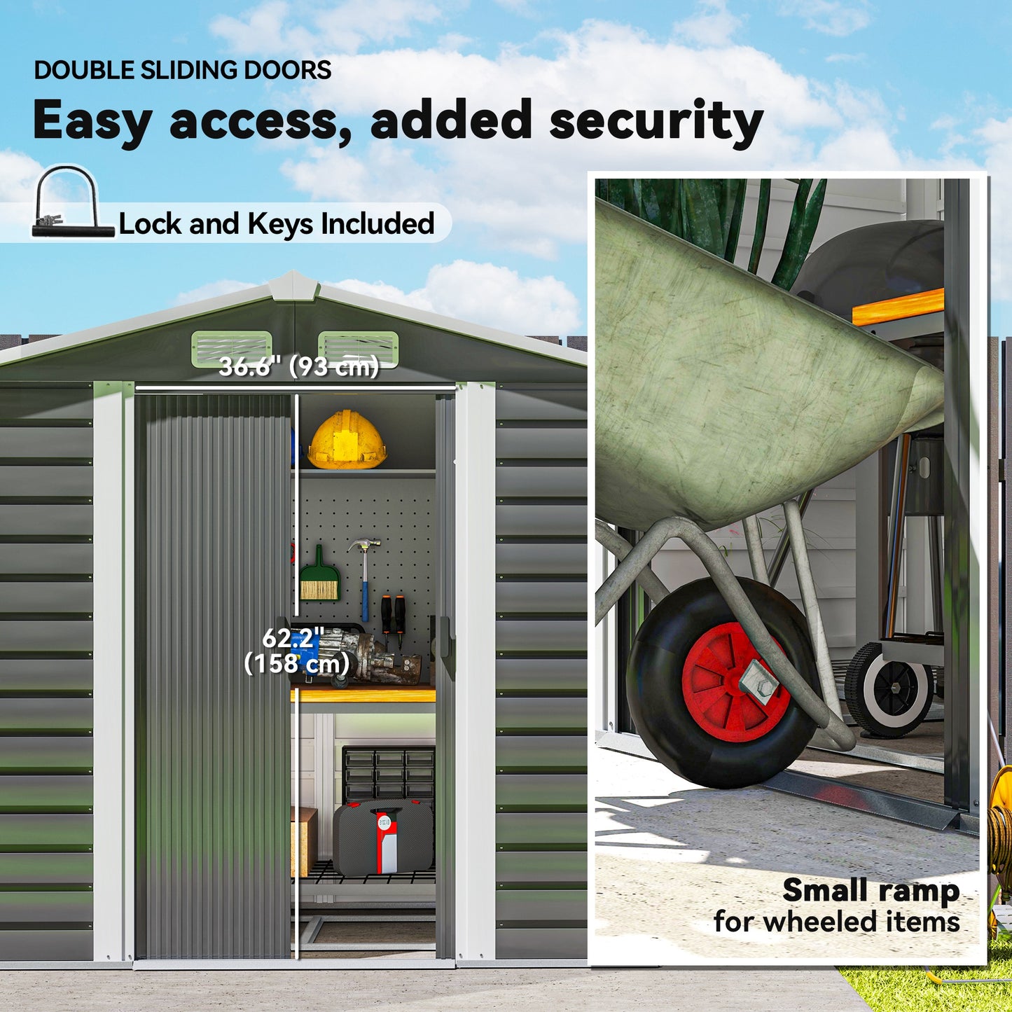 Outsunny Garden Shed, 7x4ft, Easy to Assemble, Upgraded Galvanised Steel with Foundation & Lockable Double Doors, Vents & Gloves, Dark Grey