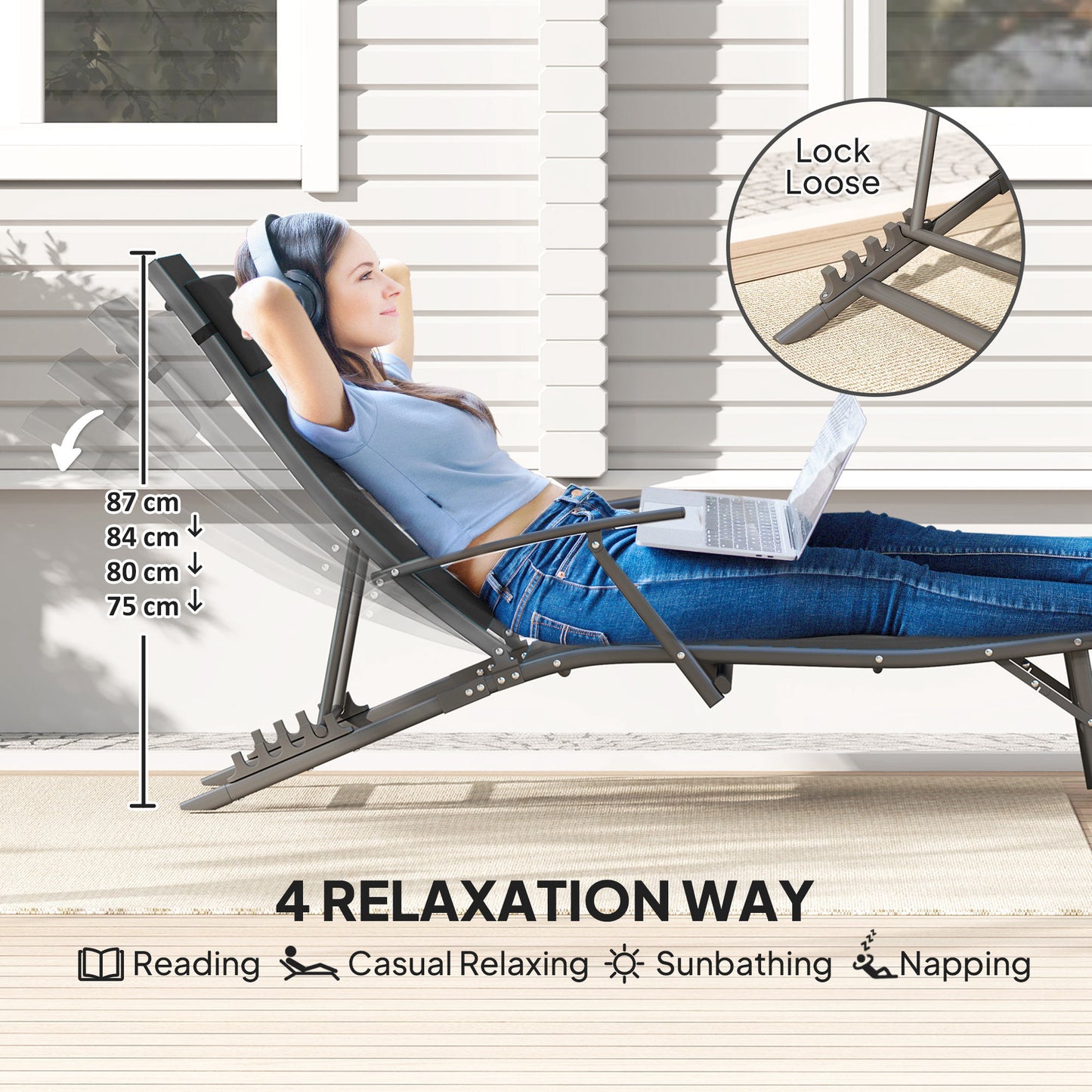 Outsunny Set of 2 Folding Sun Loungers, 4-Position Adjustable Garden Chairs with Armrests, Black