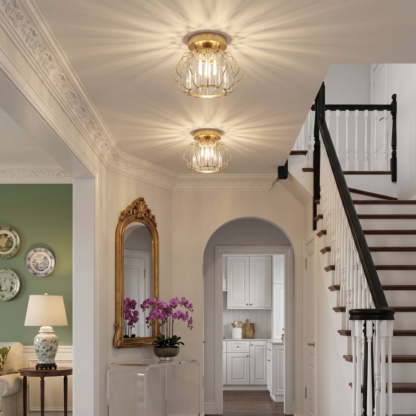 HOMCOM Crystal Ceiling Light Fixtures, Modern Semi-Flush Ceiling Lighting with Crystal Strips, 2 Pack, Gold Tone