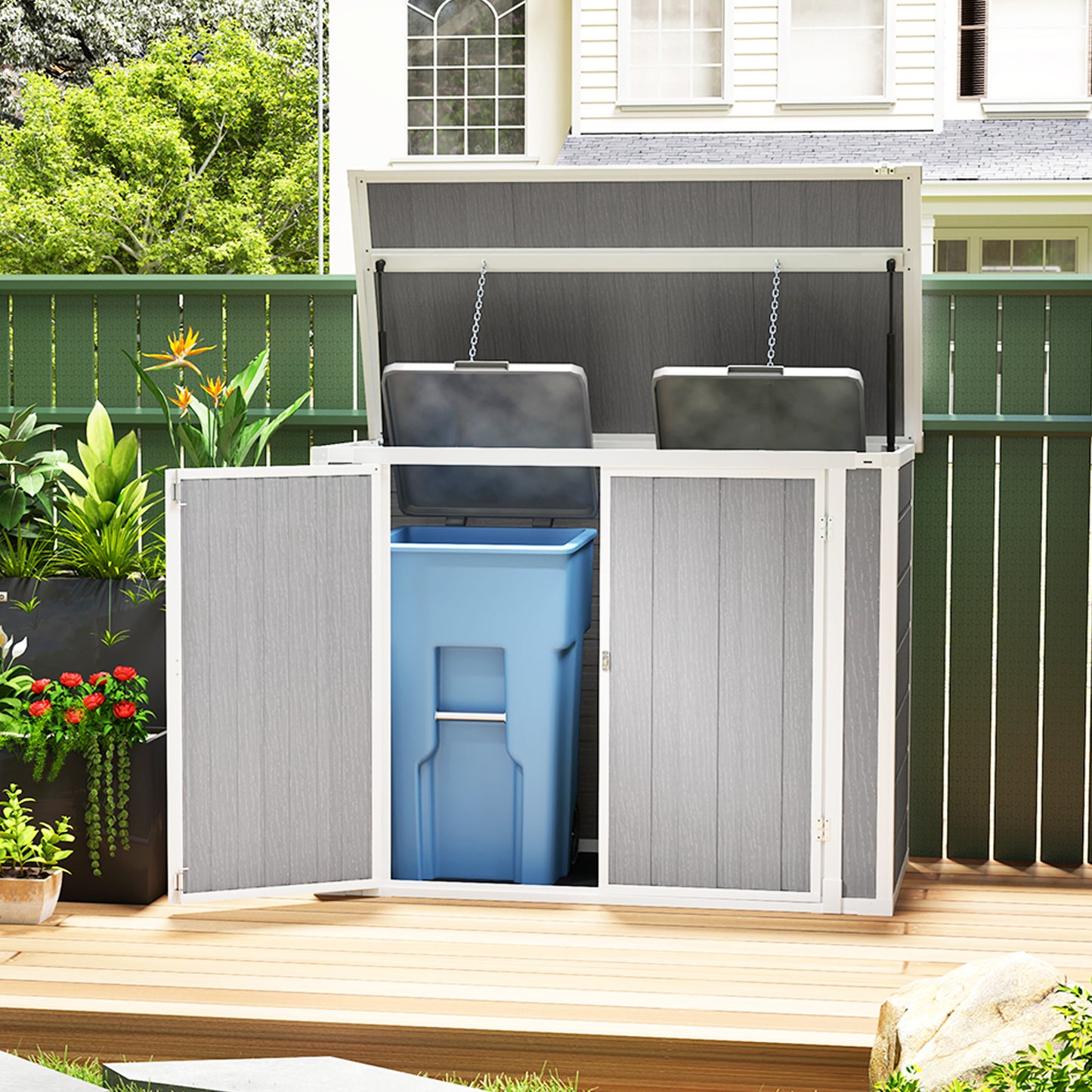 Outsunny 4.7x2.5 FT Garden Shed, Double Bin Storage with Lockable Doors & Openable Lid, Grey