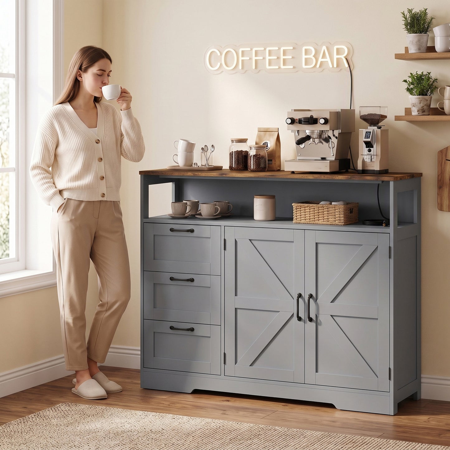 HOMCOM Sideboard Cabinet with Power Outlet, Farmhouse Kitchen Cabinet with 3 Drawers and Open Shelf, Grey
