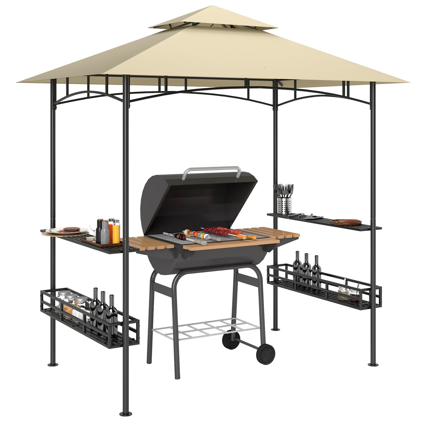 Outsunny 8' x 5' Grill Gazebo, Double Tier Canopy with Side Shelves, Baskets, Hook for Garden/Patio, Beige
