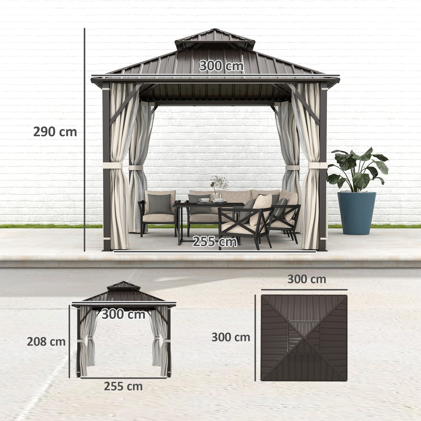 Outsunny Hardtop Gazebo Canopy, 3x3m, Double Metal Roof, Permanent Pavilion with Netting and Curtains, Easy Assembly, Black