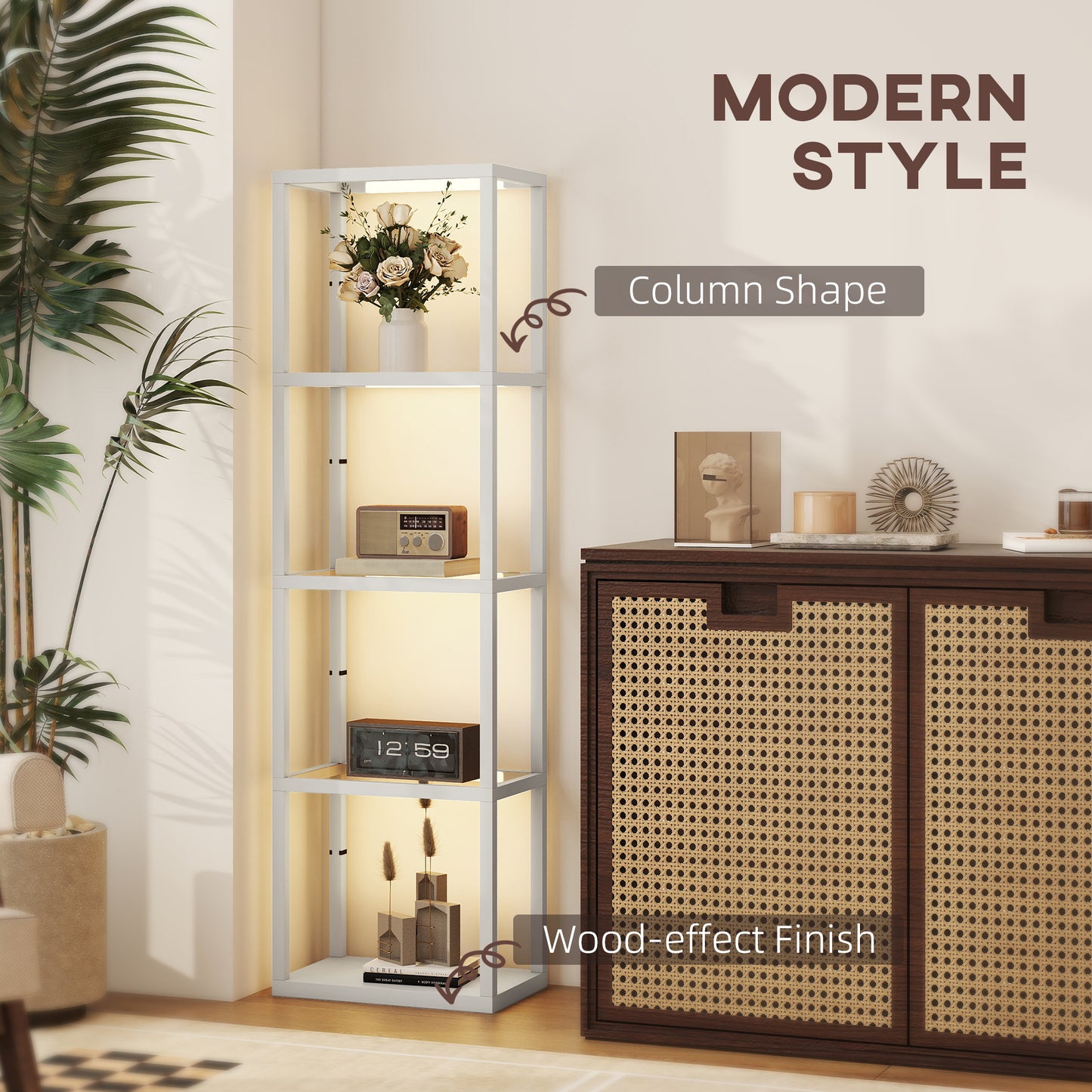 HOMCOM LED Floor Lamp with 4 Glass Shelves, Dimmable Tall Standing Lamp, Modern Shelf Light for Living Room, Bedroom, Office, Grey