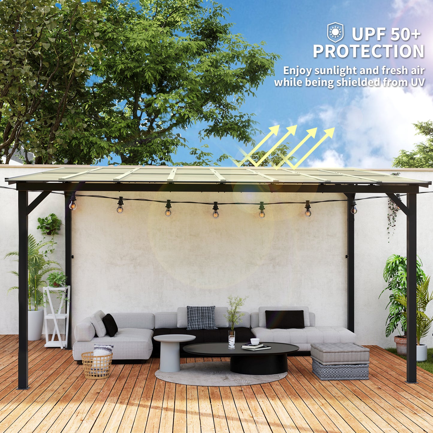 Outsunny 3x4.3m Metal Pergola, UPF 50+ Waterproof Roof, Wall-Mounted/Free Standing Gazebo, Dark Grey
