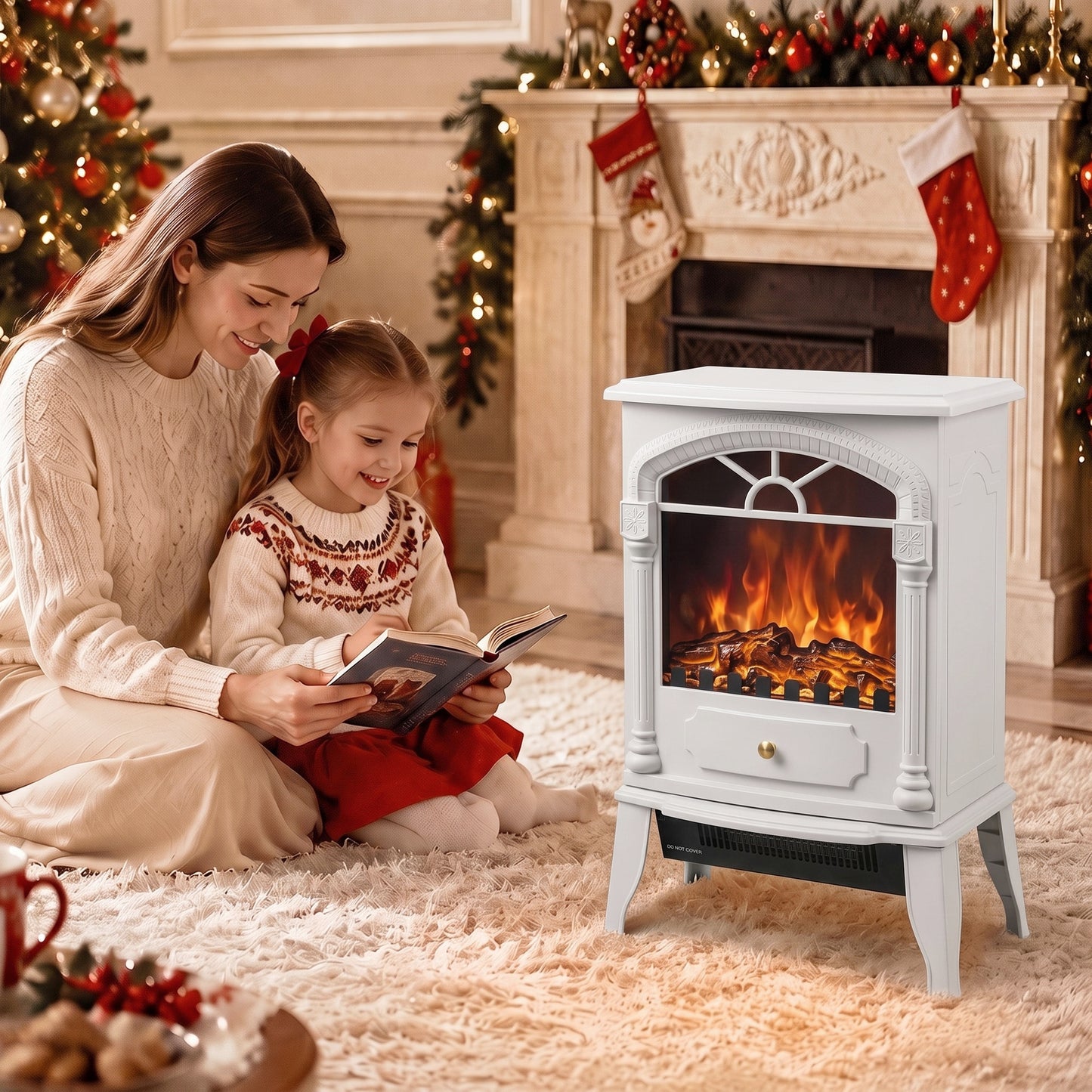 HOMCOM Freestanding Portable Fireplace, Electric Fireplace Stove Heater with 3D Flame Effect and Adjustable Thermostat, White