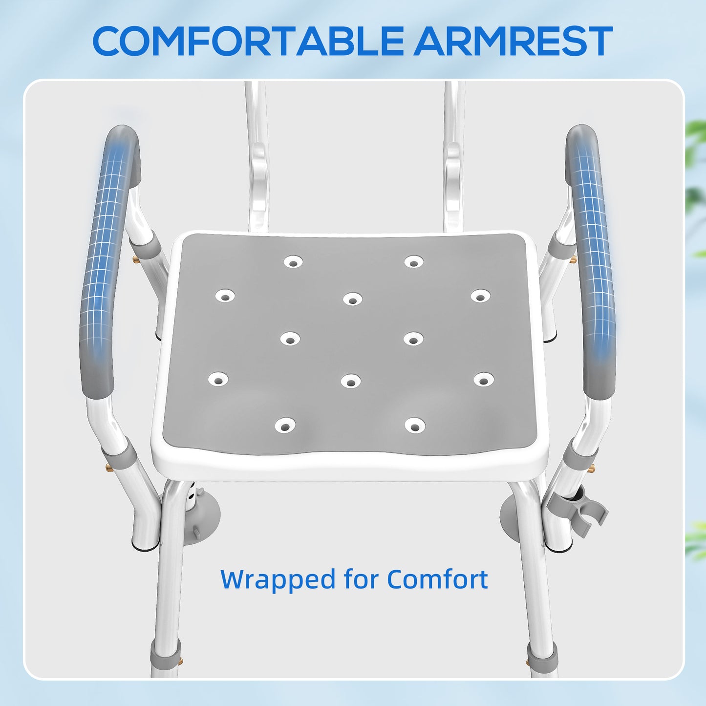 HOMCOM EVA Padded Shower Chair, Height Adjustable with Back & Arms, 4 Suction Foot Pads for Elderly & Disabled, Light Grey