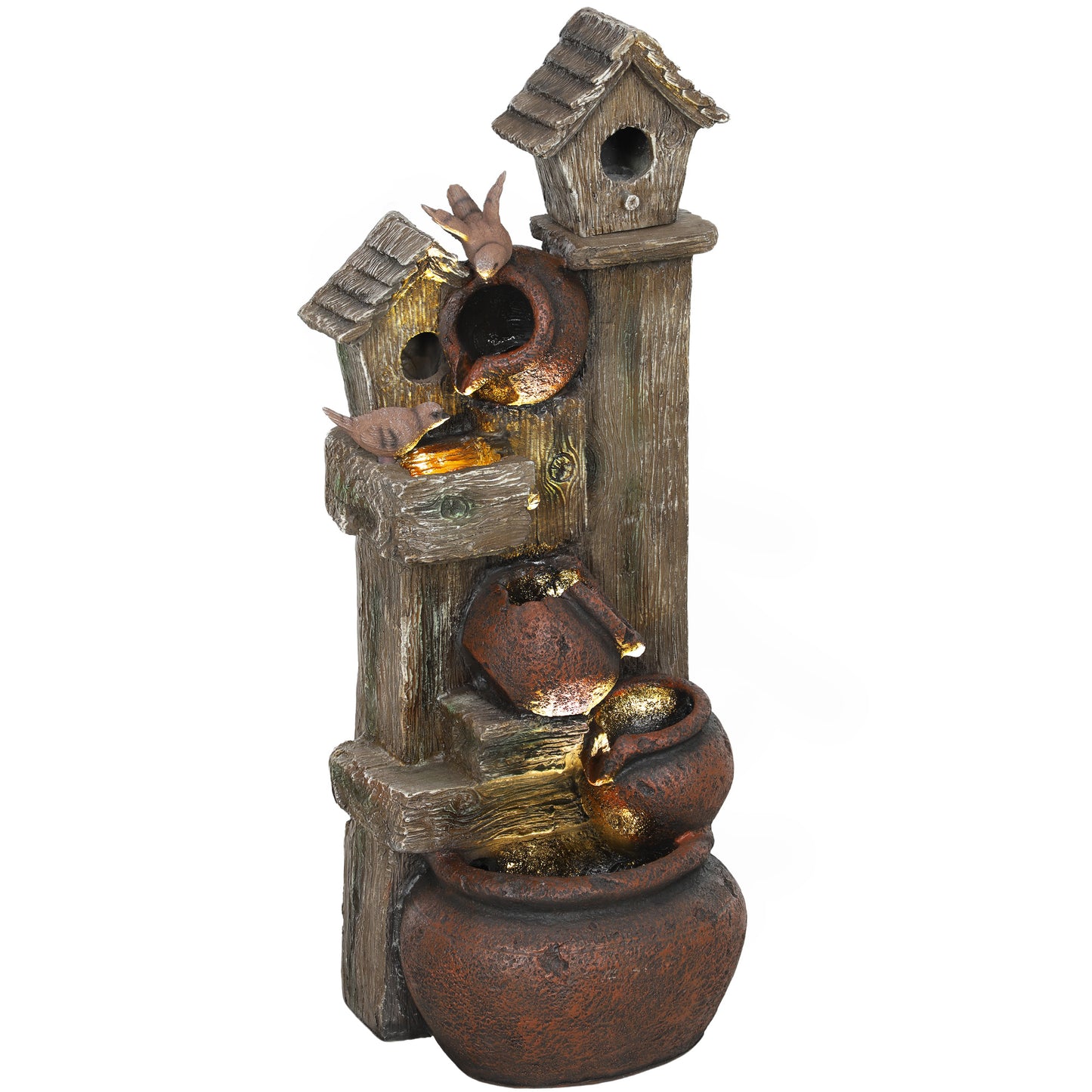 Outsunny 2-in-1 Resin Waterfall Fountain with Birdhouse & LED Lights, Tree Trunk Design, Cascading Water Feature, Multi-colour