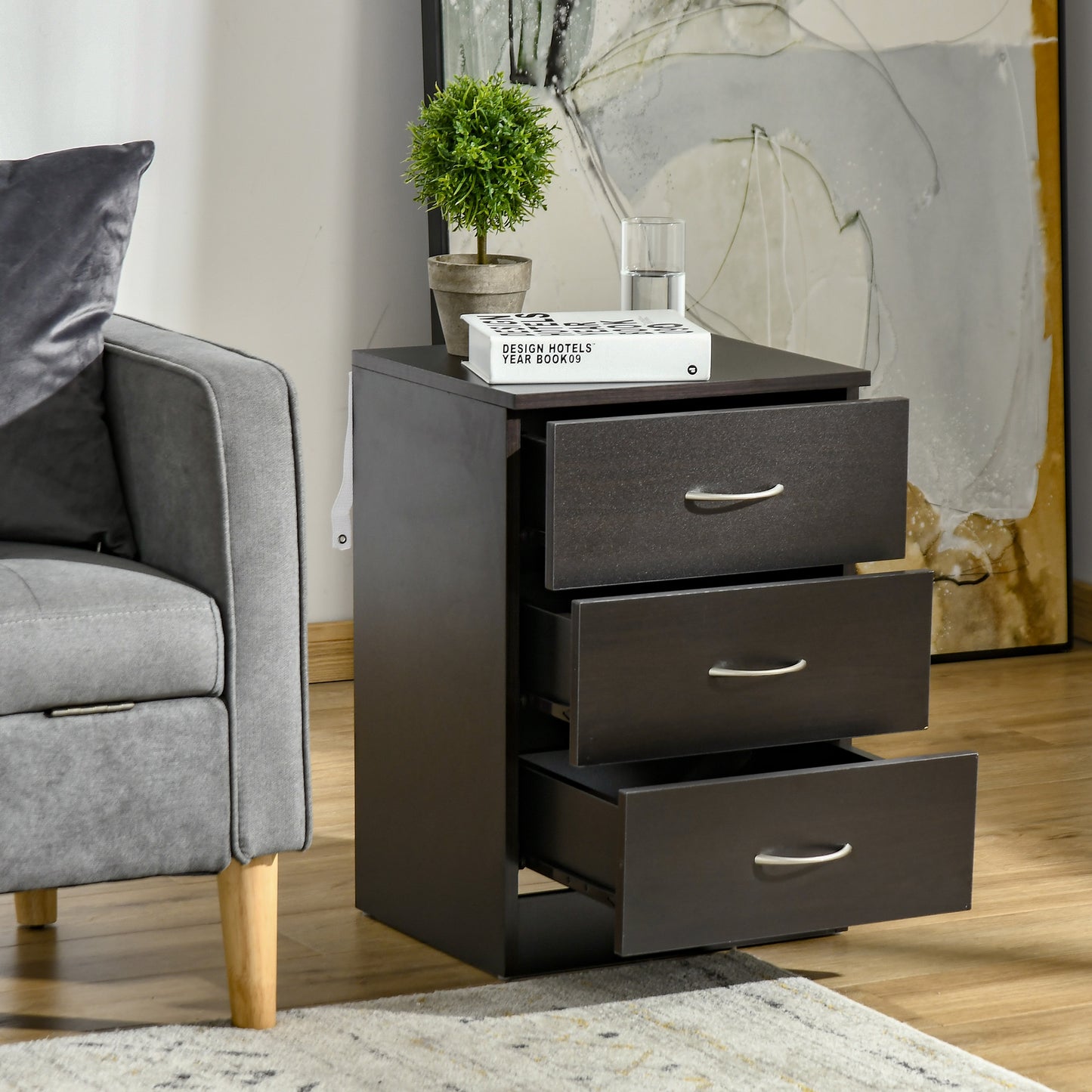 HOMCOM Three-Drawer Simple Bedside Table - Black