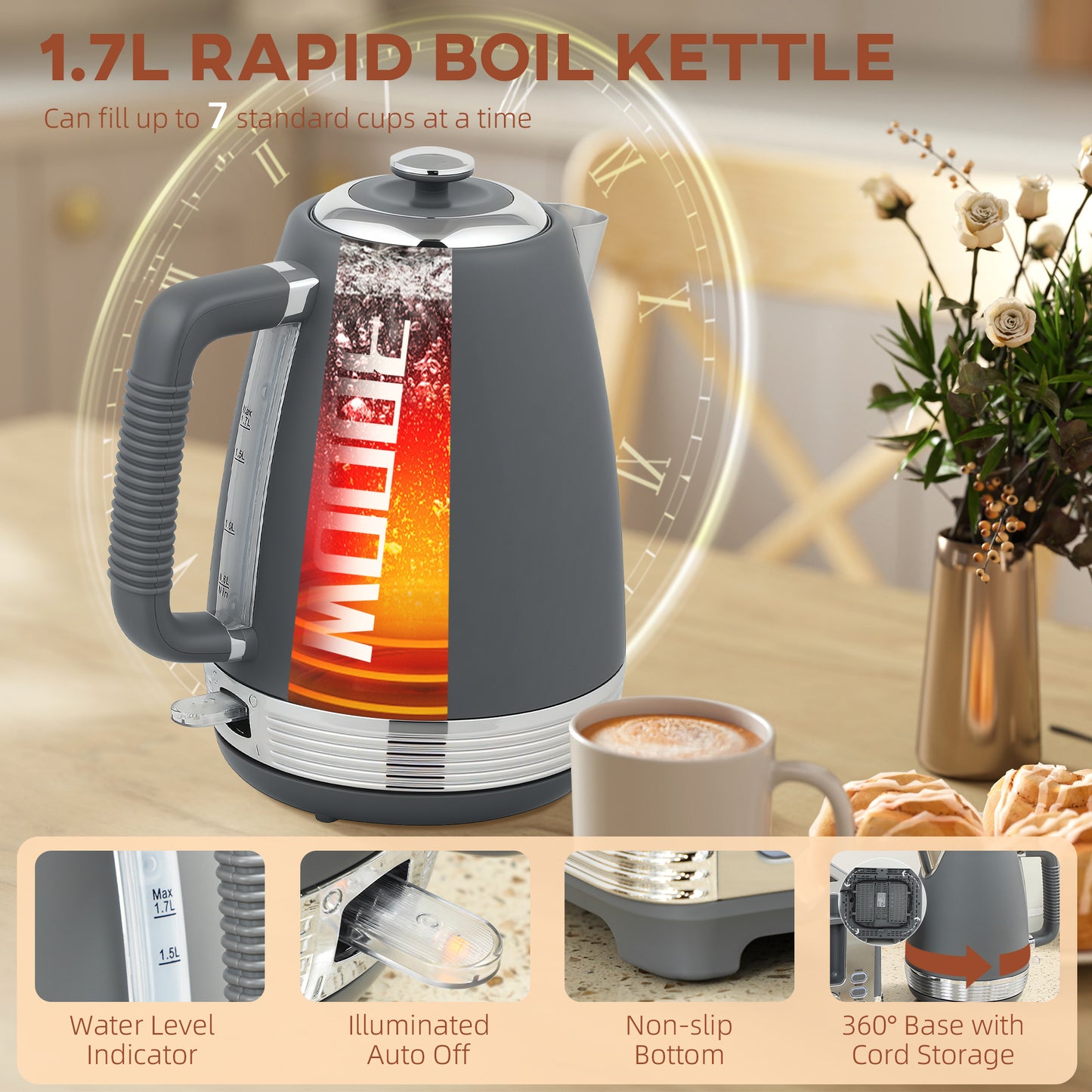 HOMCOM Kettle and Toaster Set, 1.7L 3000W Jug Kettle with Thermostat, Limescale Filter, 4-Slice Toaster with Browning Controls, Grey/Silver Tone