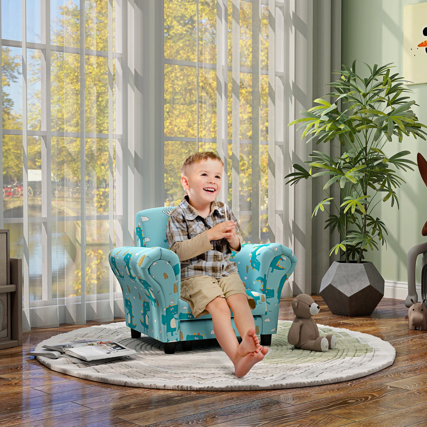 AIYAPLAY 2 Piece Kids Sofa Set with Dinosaur Design, Wooden Frame, for 1.5-3 Years Old - Blue