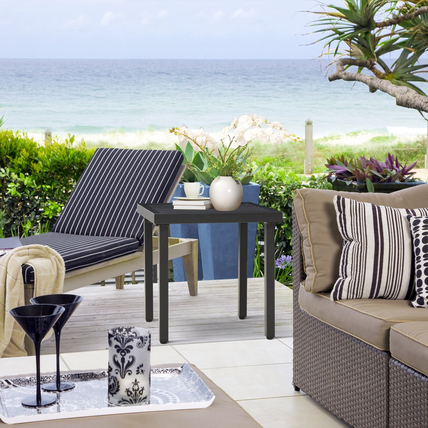 Outsunny Garden Side Table End Table Patio Coffee Table with Umbrella Hole Steel Frame for Balcony Black