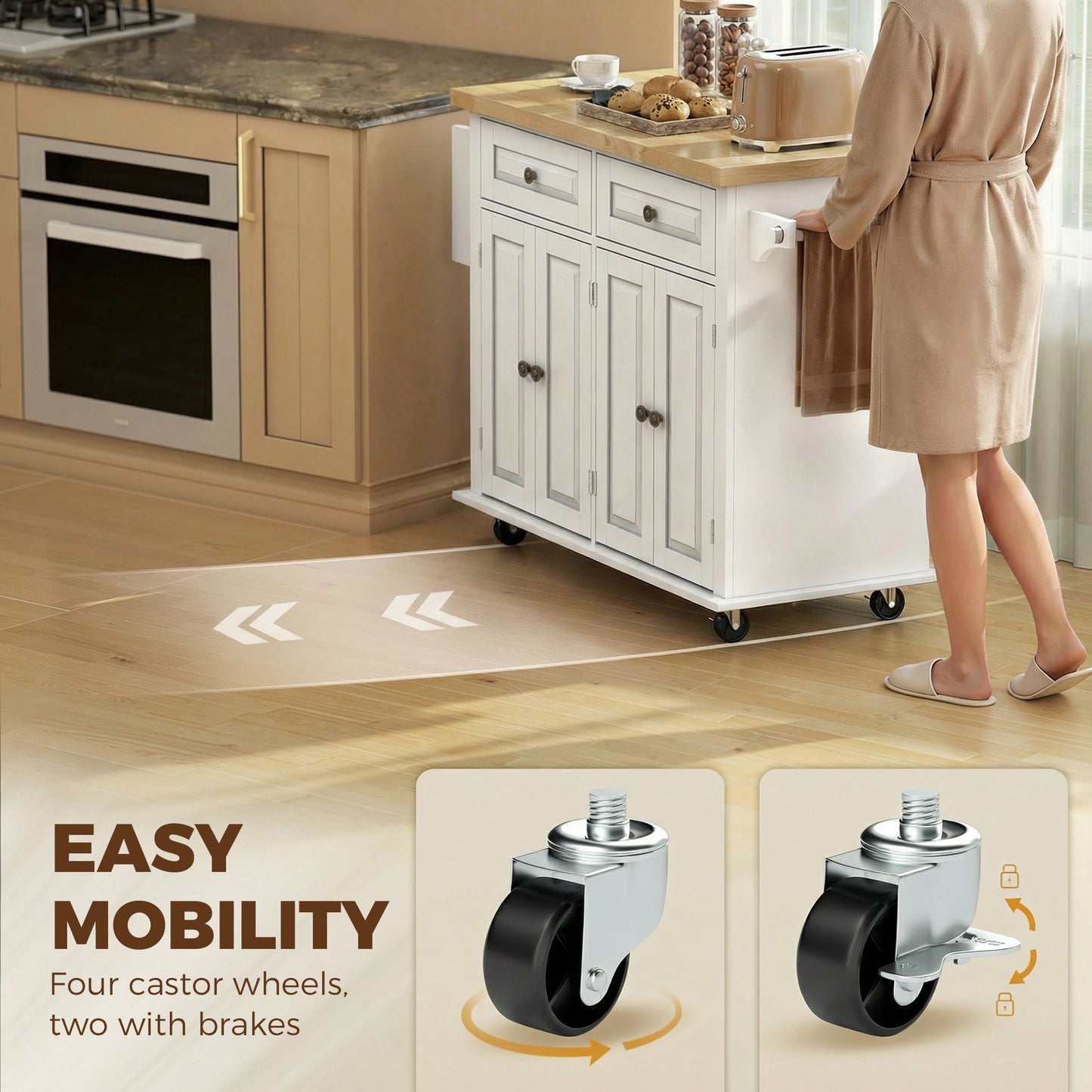 HOMCOM Kitchen Island on Wheels, Rolling Kitchen Storage Trolley with Rubber Wood Top, Drawers, Adjustable Shelves, Cream White
