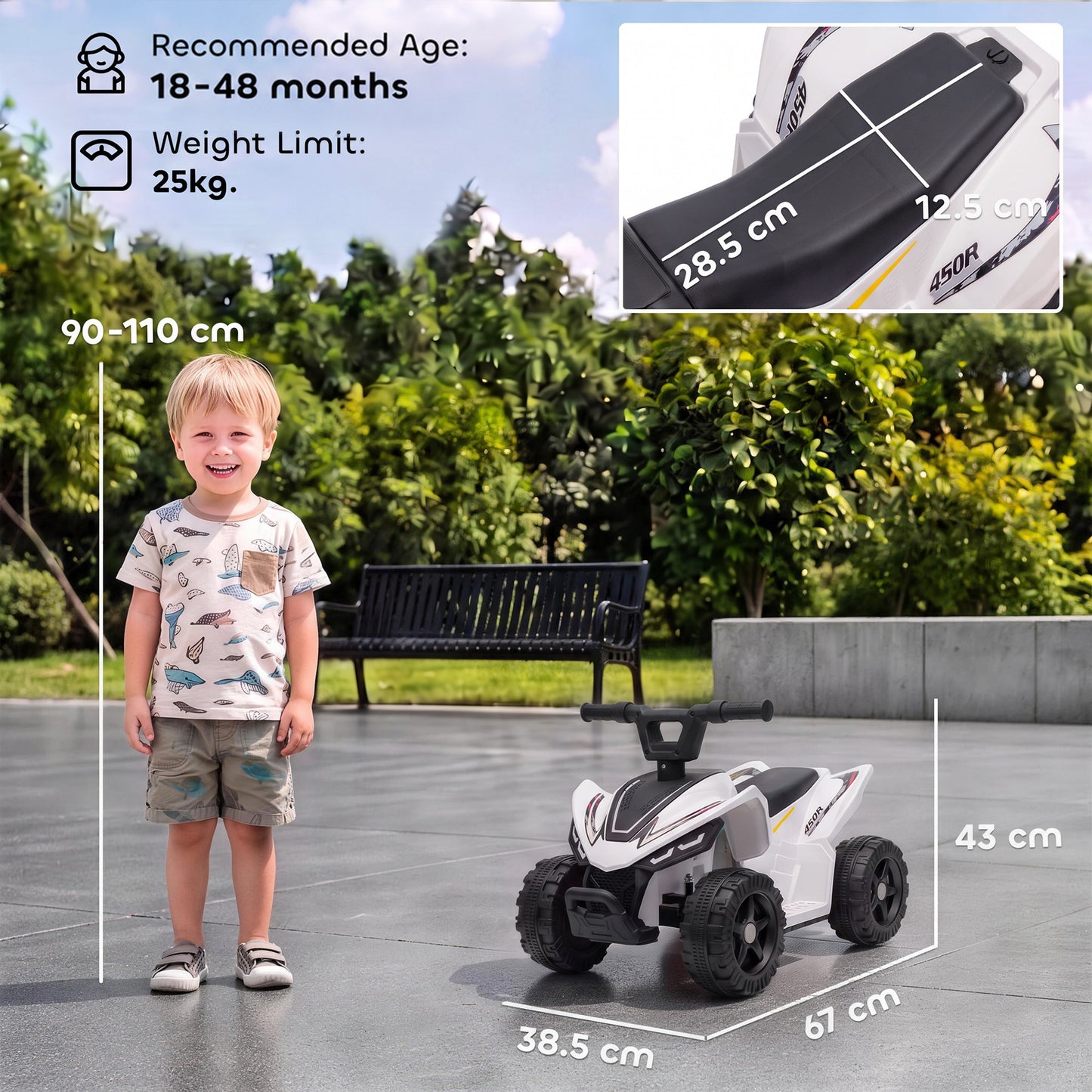 AIYAPLAY 6V Battery Powered Kids ATV, Quad Bike w/ Handlebar Button Control, Max 1.2MPH, Max 55lbs Load, for 18-48 Months, White