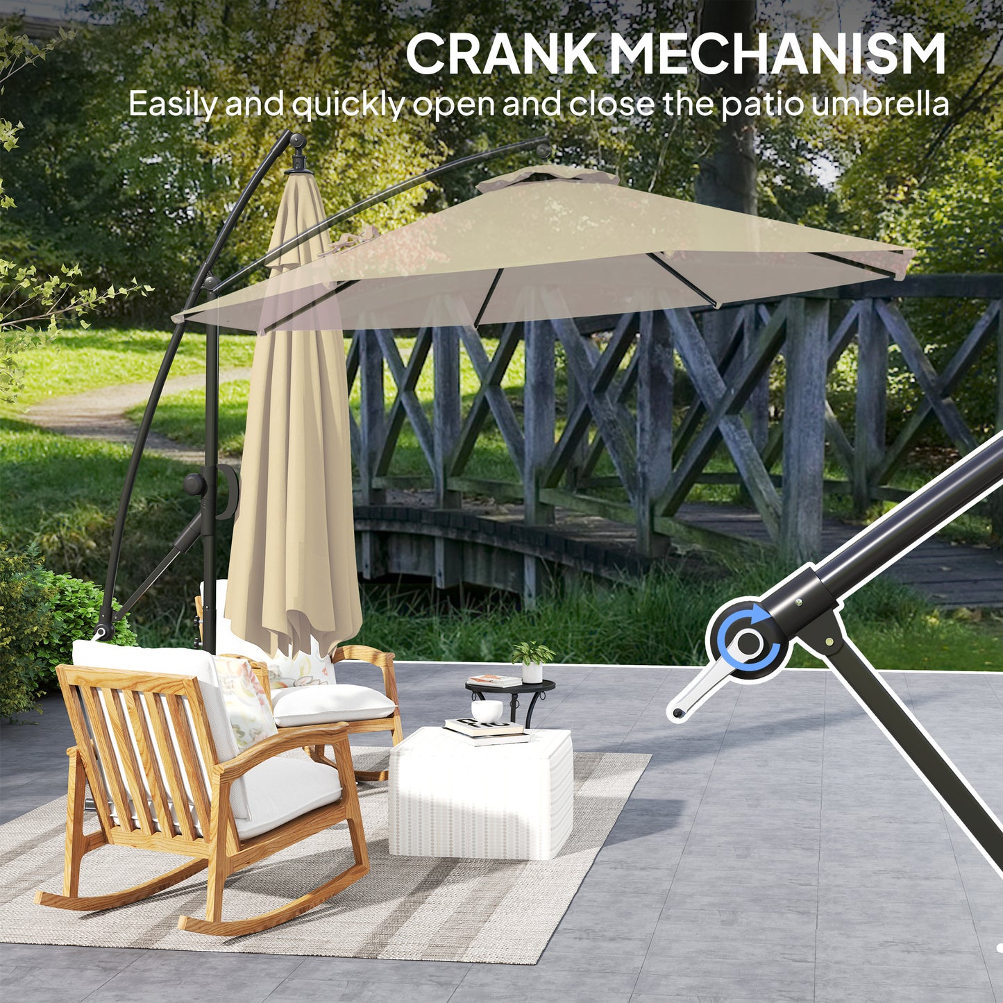 Outsunny Garden Cantilever Parasol with Cover & Strap, Round Umbrella with Crank & Tilt, UPF50+ Banana Patio Shade, Khaki