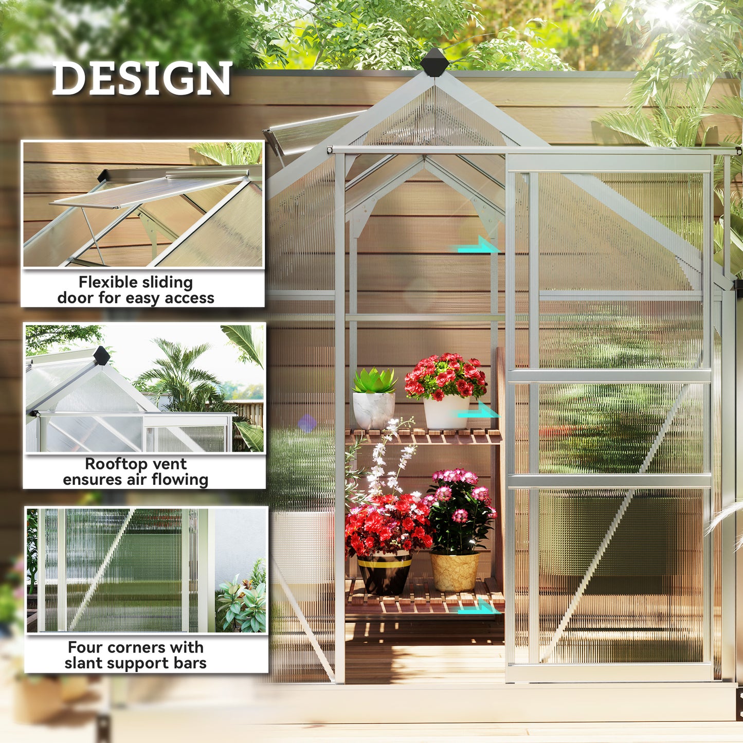 Outsunny Polycarbonate Greenhouse, Large Walk-In Green House with Slide Door and Window, Aluminium Frame, 6x6ft, Silver Tone