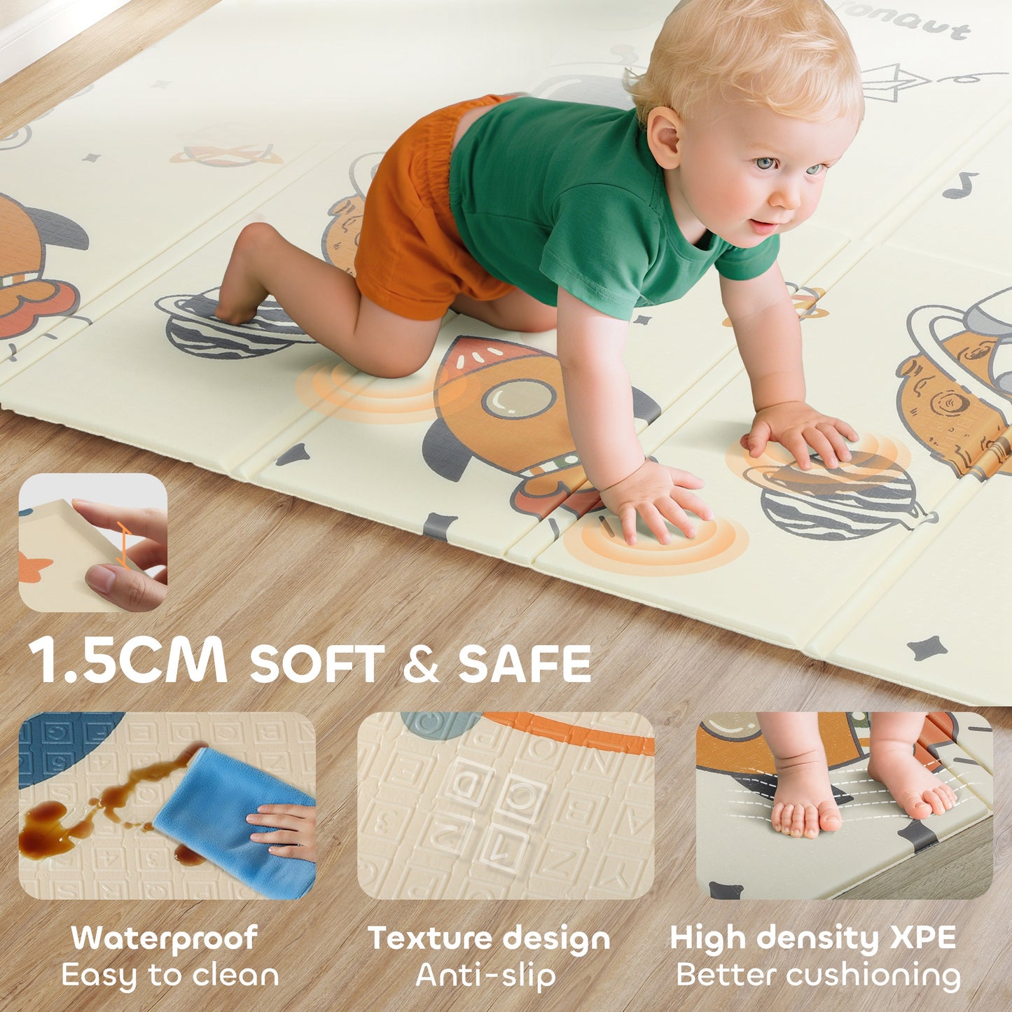 AIYAPLAY Baby Play Mat, Double Sideded Foldable Kids Crawling Mat, Reversible & Waterproof, Astronaut and Planet