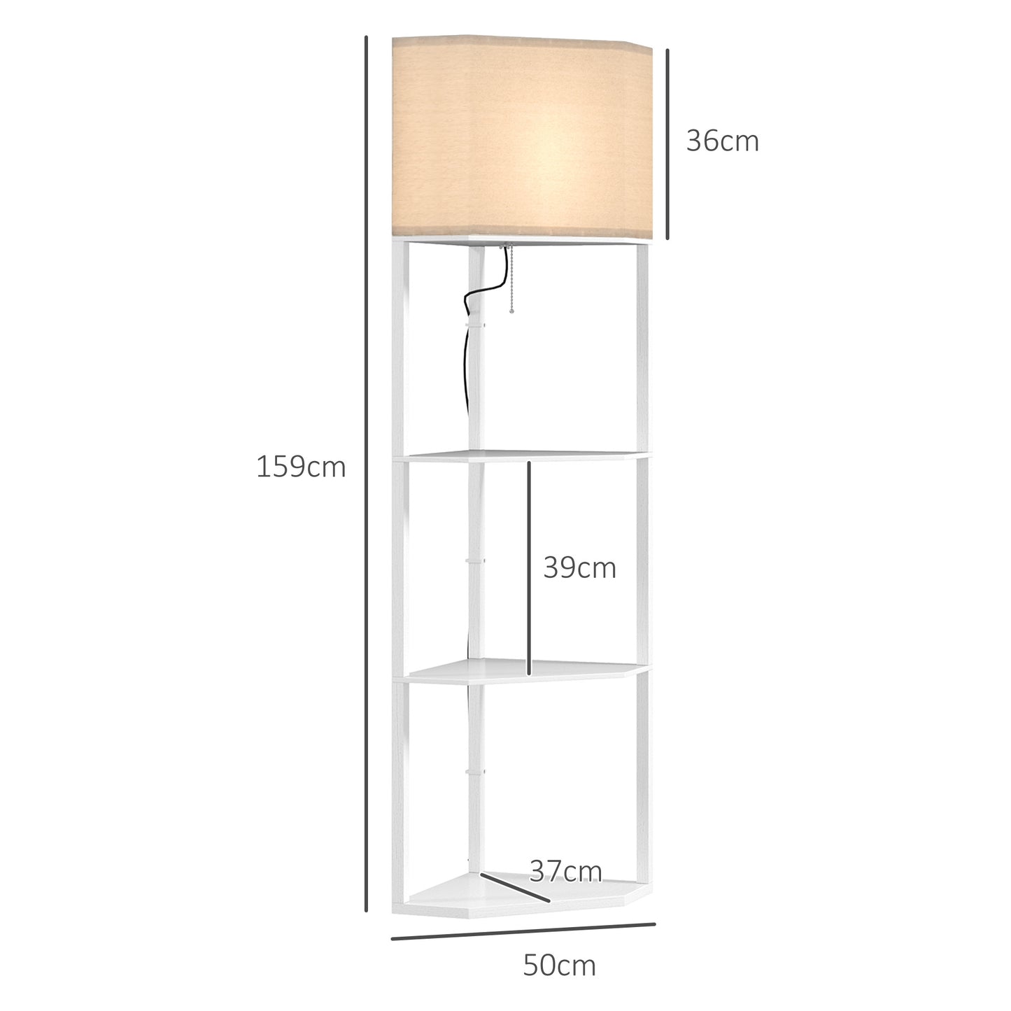 HOMCOM Corner Floor Lamp with Shelves, Tall Standing Lamps for Living Room, with Pull Chain Switch Bulb not Included, White