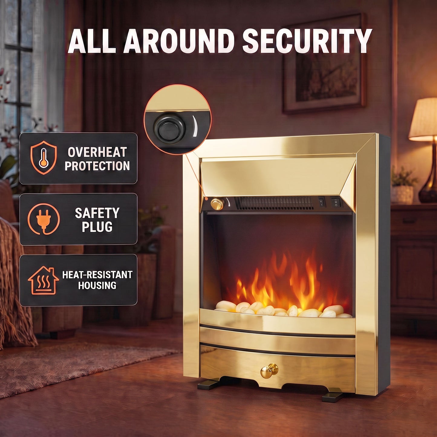 HOMCOM Electric Fireplace Stove Freestanding/Inset, 2000W, Electric Fire with LED Flame, Pebbles, Adjustable Thermostat, Gold