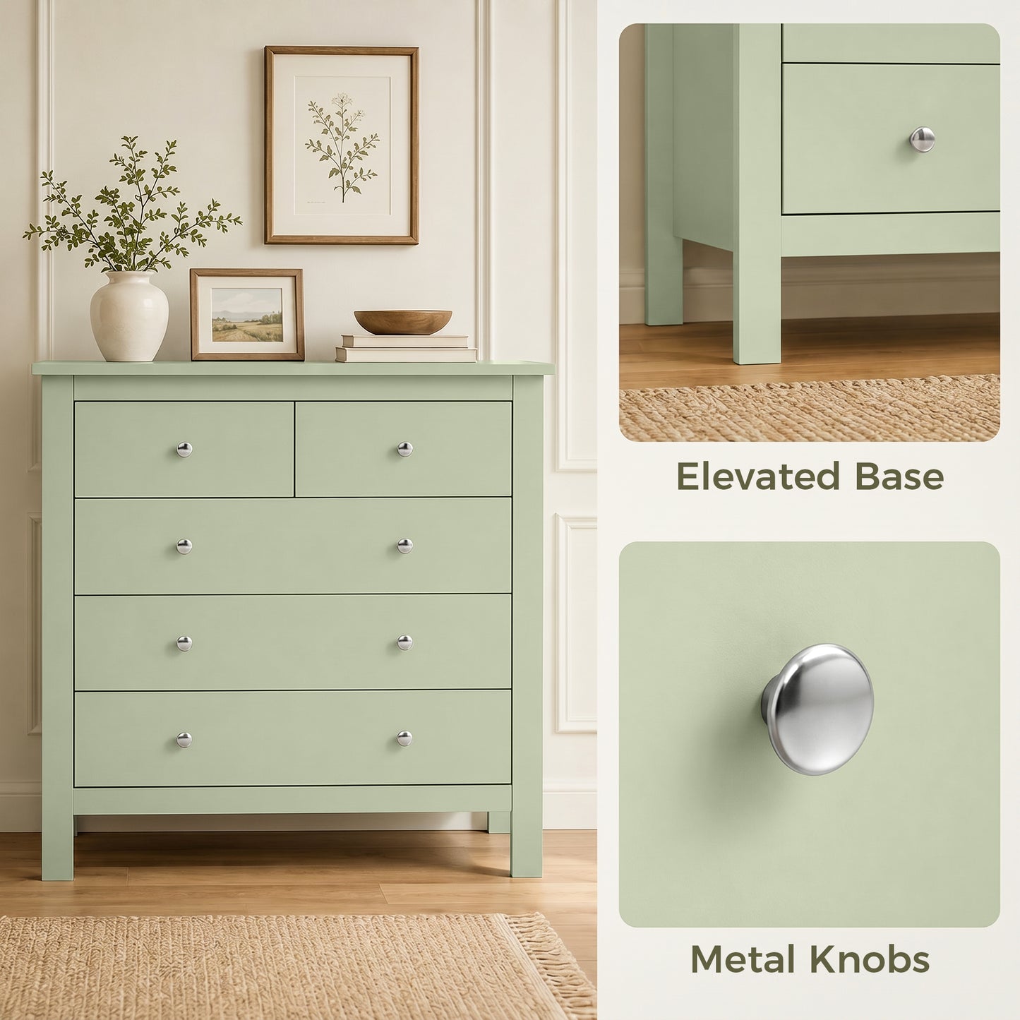 HOMCOM 5 Drawer Chest of Drawers, Sage Green