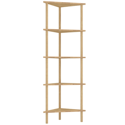 HOMCOM Bamboo Storage Shelf, 5-tier Corner Shelf, Freestanding Shelving Unit for Living Room, Home Office, Natural Wood Finish