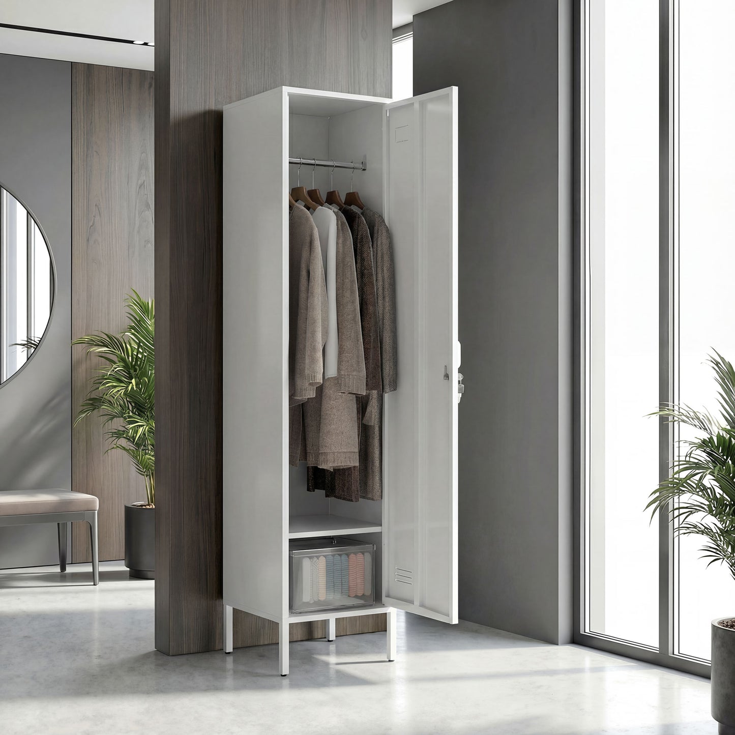 HOMCOM Metal Locker Cabinet with Hanging Rod, Lock and Key, Single Locker Storage Cabinet with Shelf, White