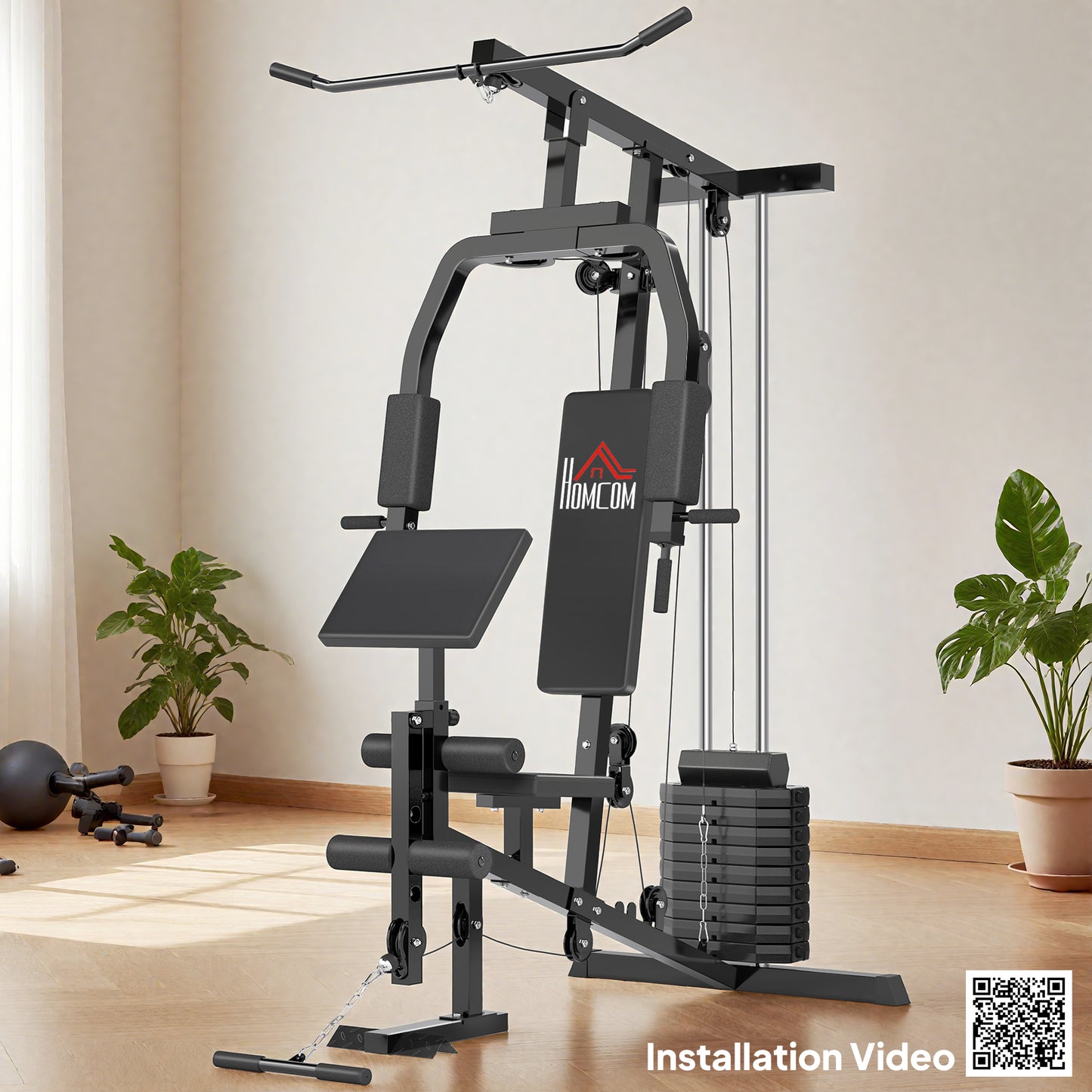 HOMCOM Multi Gym Equipment, 45KG Weight Stack, Chest Press, Butterfly Press & Leg Developer for Strength Training