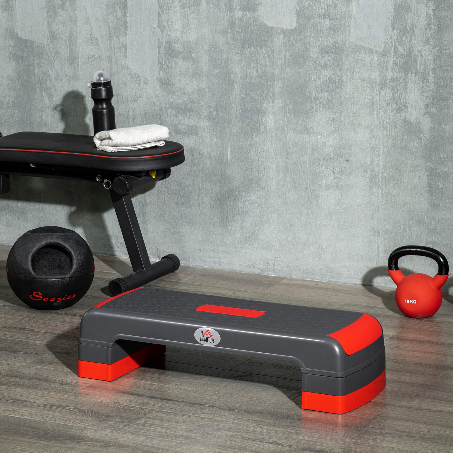 HOMCOM Aerobic Step, Adjustable Heights: 10cm, 15cm & 20cm, Nonslip Exercise Stepper for Home & Office Workouts, Grey and Red
