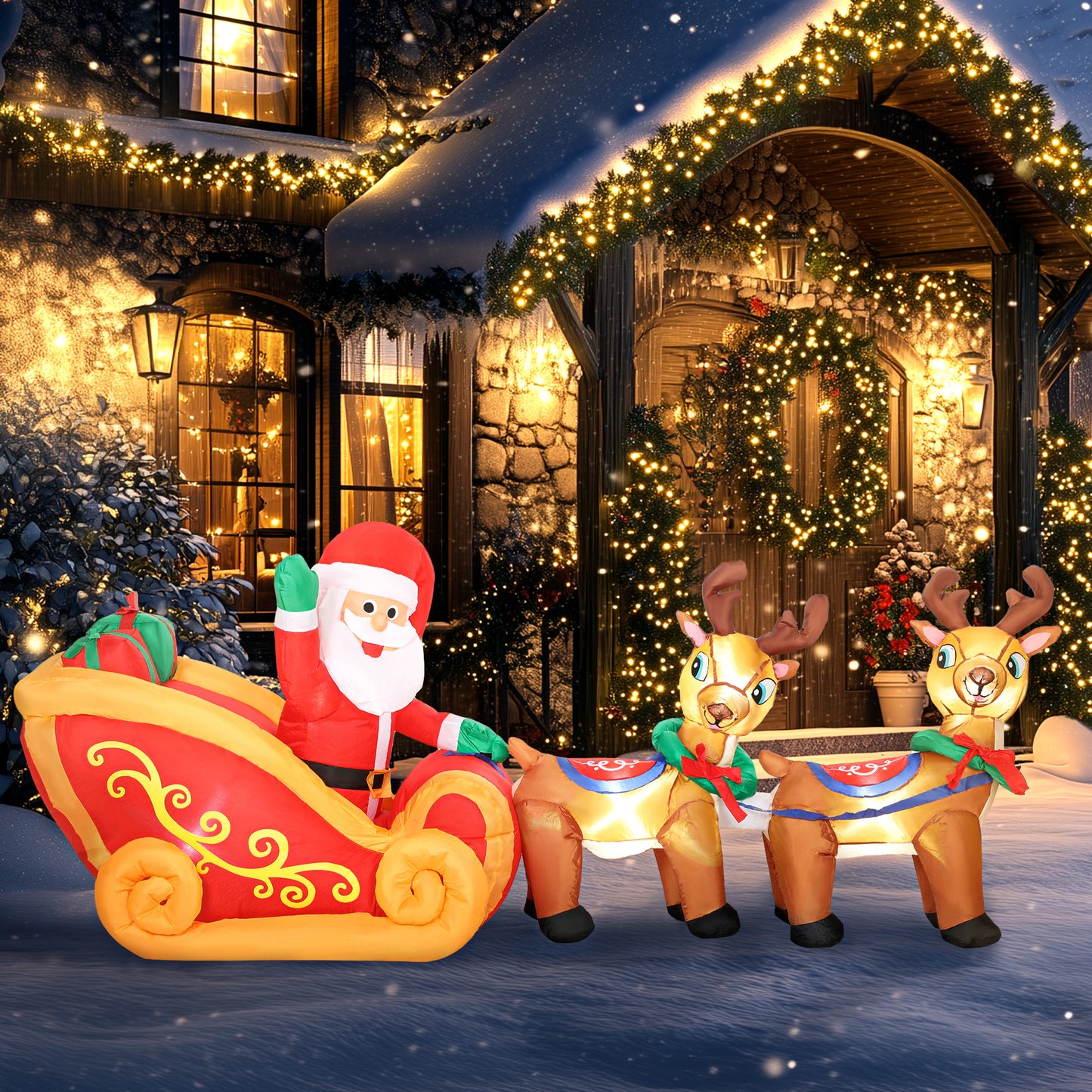 Outsunny Inflatable Santa on Sleigh with Two Reindeer, LED Lights, Christmas Decoration for Indoor/Outdoor Home, 7.9ft, Red