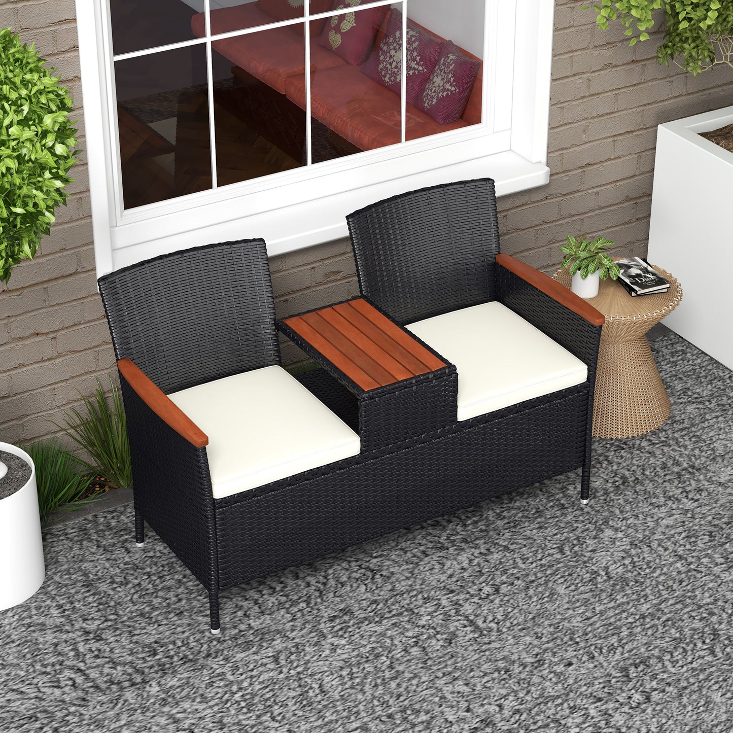 Outsunny Two-Seat Rattan Loveseat with Wood-Top Middle Table - Black