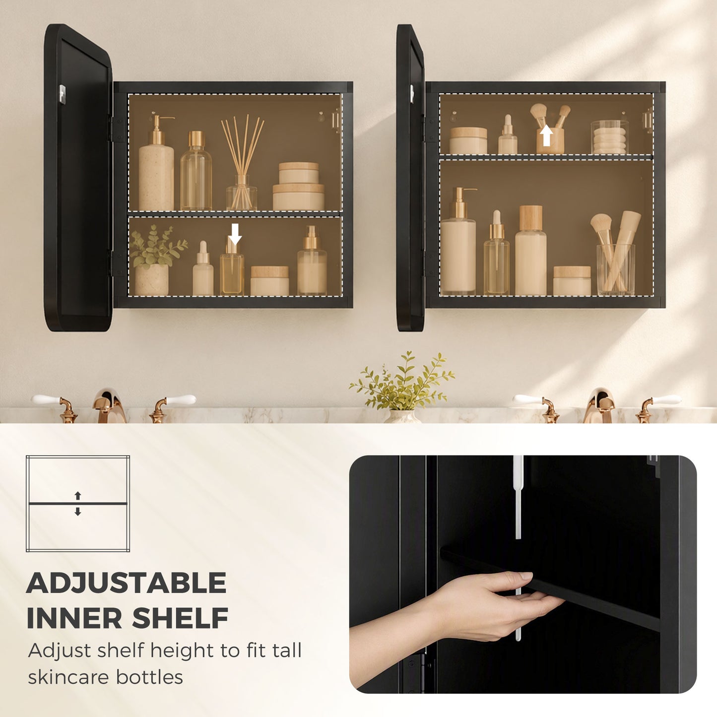 HOMCOM Bathroom Medicine Mirror Cabinet, Bathroom Wall Cabinet with Storage, Magnetic Door and Adjustable Shelf, Black