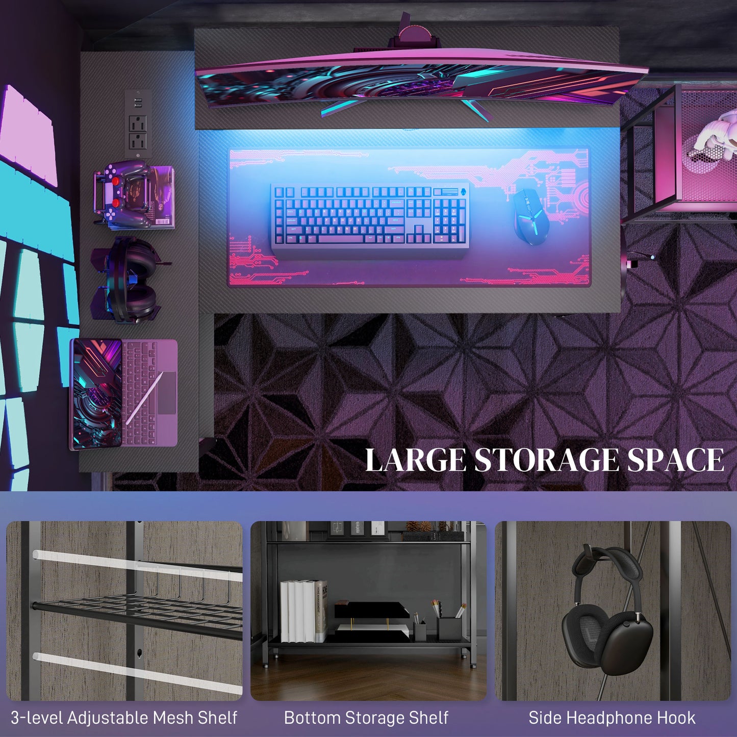 HOMCOM Reversible 'L' LED Light Gaming/Work Desk - Black