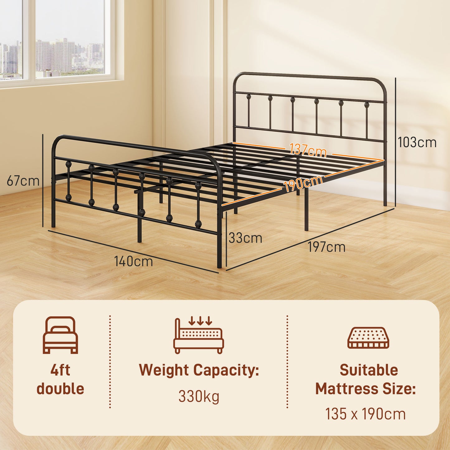 HOMCOM Double Minimalistic Metal Bed Frame - Black