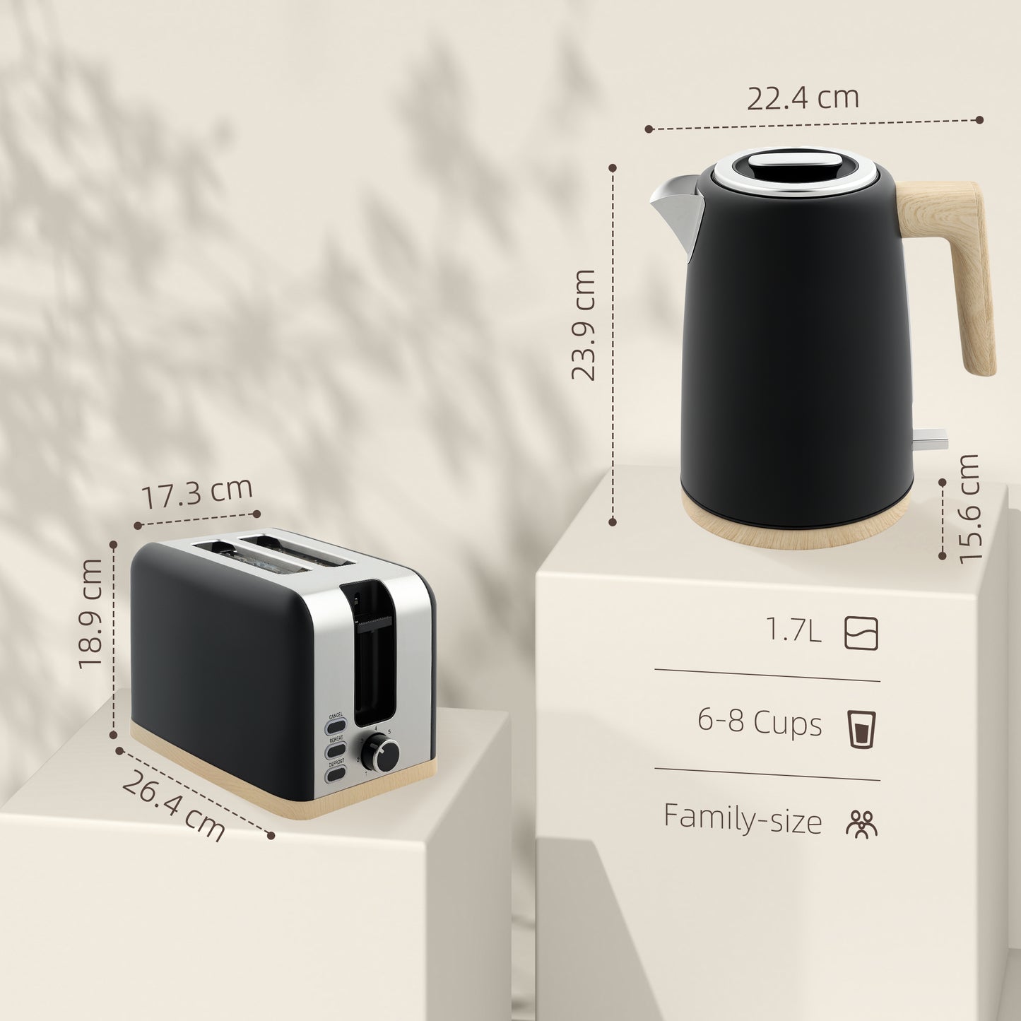 HOMCOM Kettle & Toaster Set, 1.7L 3000W Fast Boil & 2 Slice, 7 Browning Levels, Defrost, Black