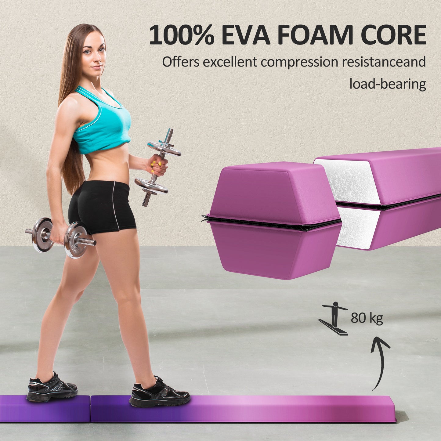 SPORTNOW 7.7ft Folding Gymnastics Beam, Anti-Slip Base, Kids Home Training, Purple/Pink
