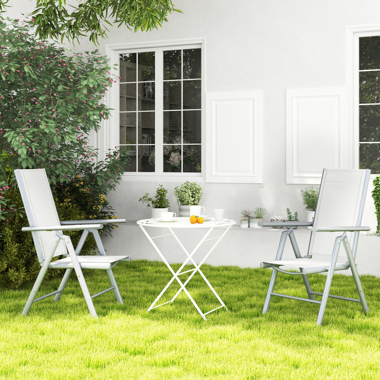 Outsunny Set of 2 Folding Aluminium Camping Chairs, Breathable Mesh, Armrests, Light Grey