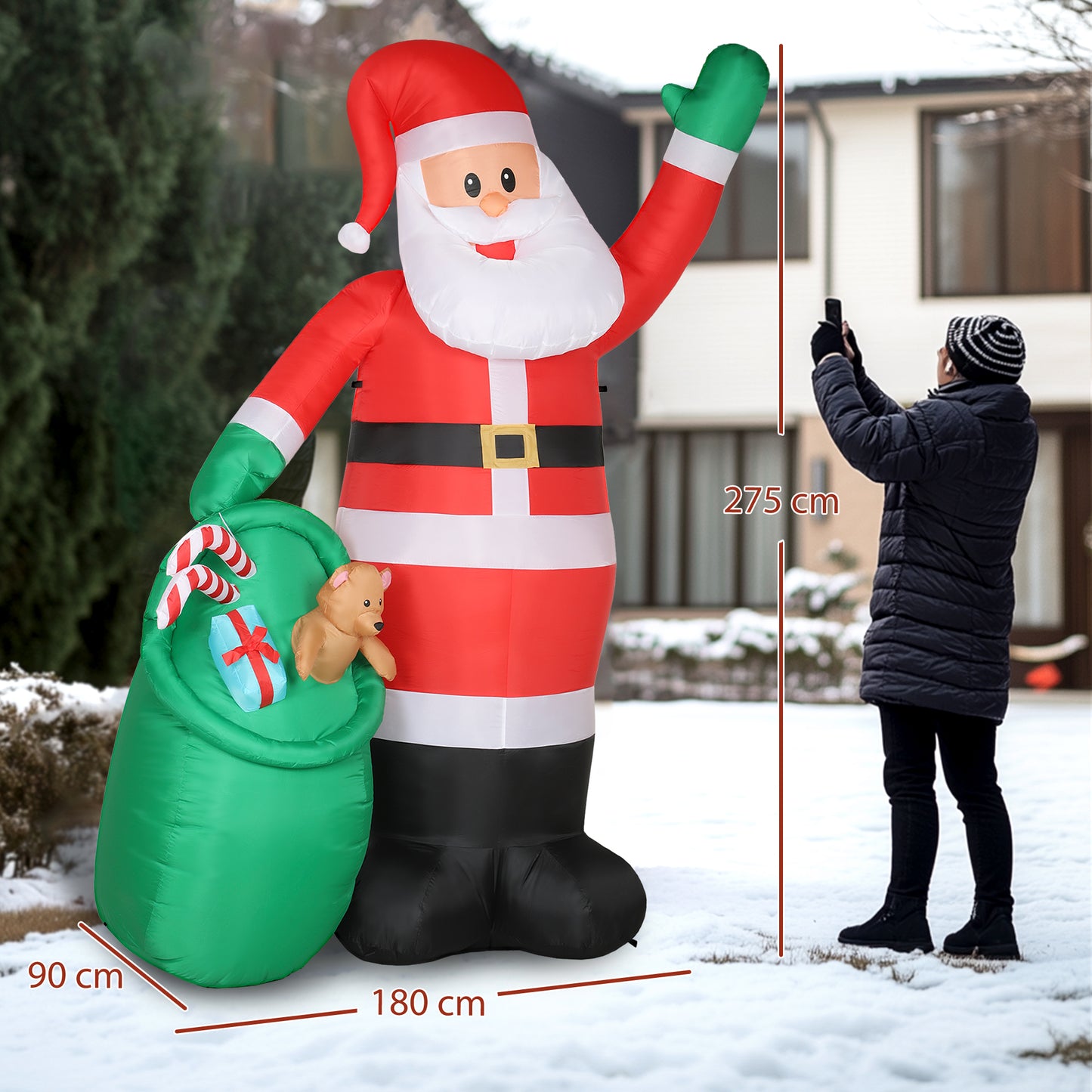 Outsunny 9ft Santa with Bear Sack, Inflatable Christmas Decoration with LED Lights for Garden, Indoor/Outdoor Home Decor