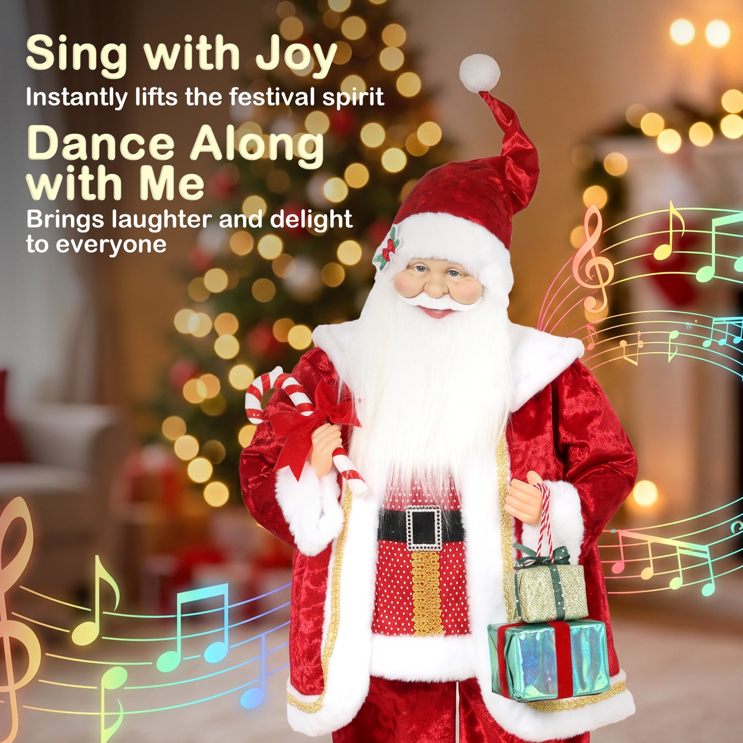 HOMCOM 120cm Life Size Singing Dancing Santa Claus, Standing Musical Animated Santa with Gift and Candy Cane