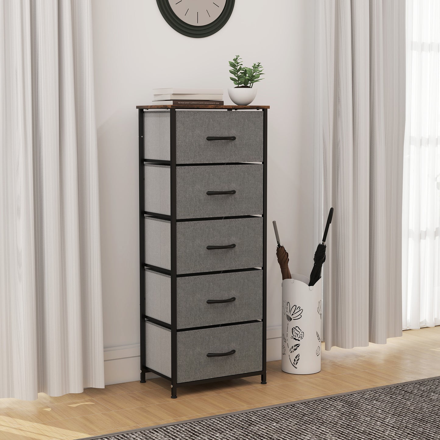HOMCOM Industrial Fabric Chest of Drawers with 5 Fabric Drawers, Steel Frame, Wooden Top for Bedroom, Nursery, Hallway - Rustic Brown and Grey