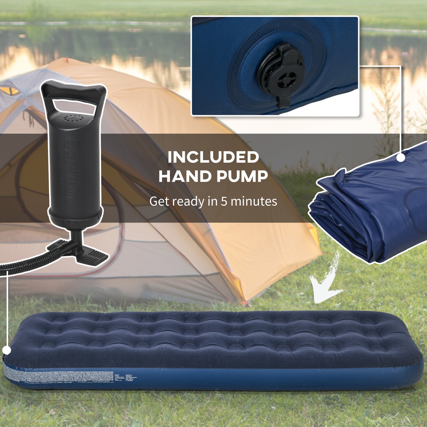 Outsunny Single Air Mattress with Hand Pump, Portable Air Bed with Flocked Surface, 191 x 73 x 22cm, Blue