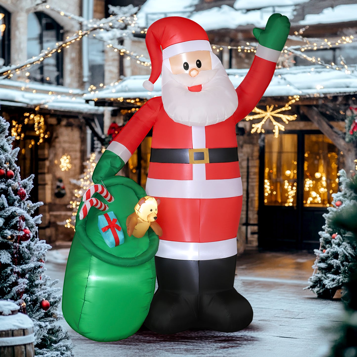Outsunny 9ft Santa with Bear Sack, Inflatable Christmas Decoration with LED Lights for Garden, Indoor/Outdoor Home Decor