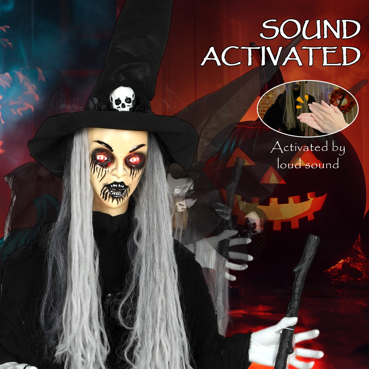Outsunny 170cm Halloween Animated Witch & Staff, LED Eyes, Spooky Battery Operated Decoration, Indoor Party Prop, Life Size, Black