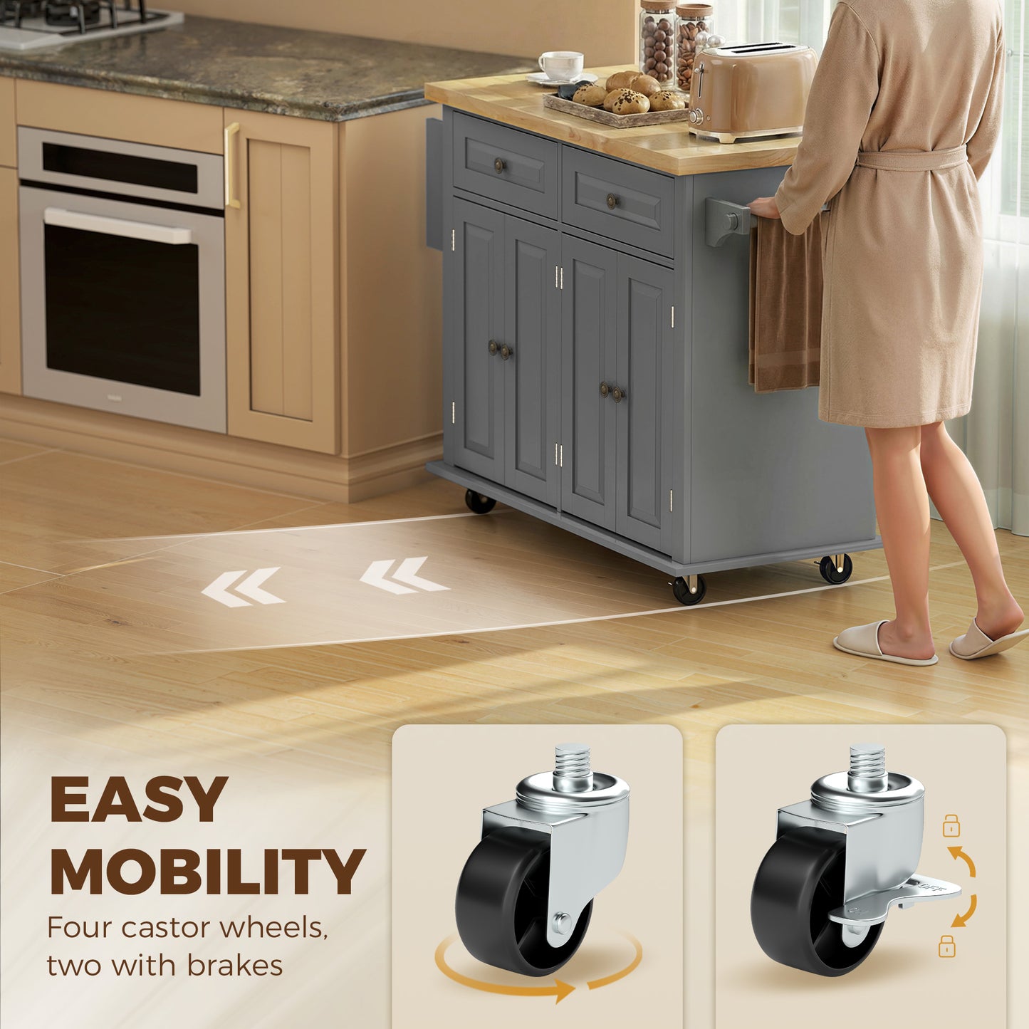 HOMCOM Kitchen Island on Wheels, Rolling Kitchen Trolley with Rubberwood Top, 2 Drawers, Adjustable Shelves, Grey