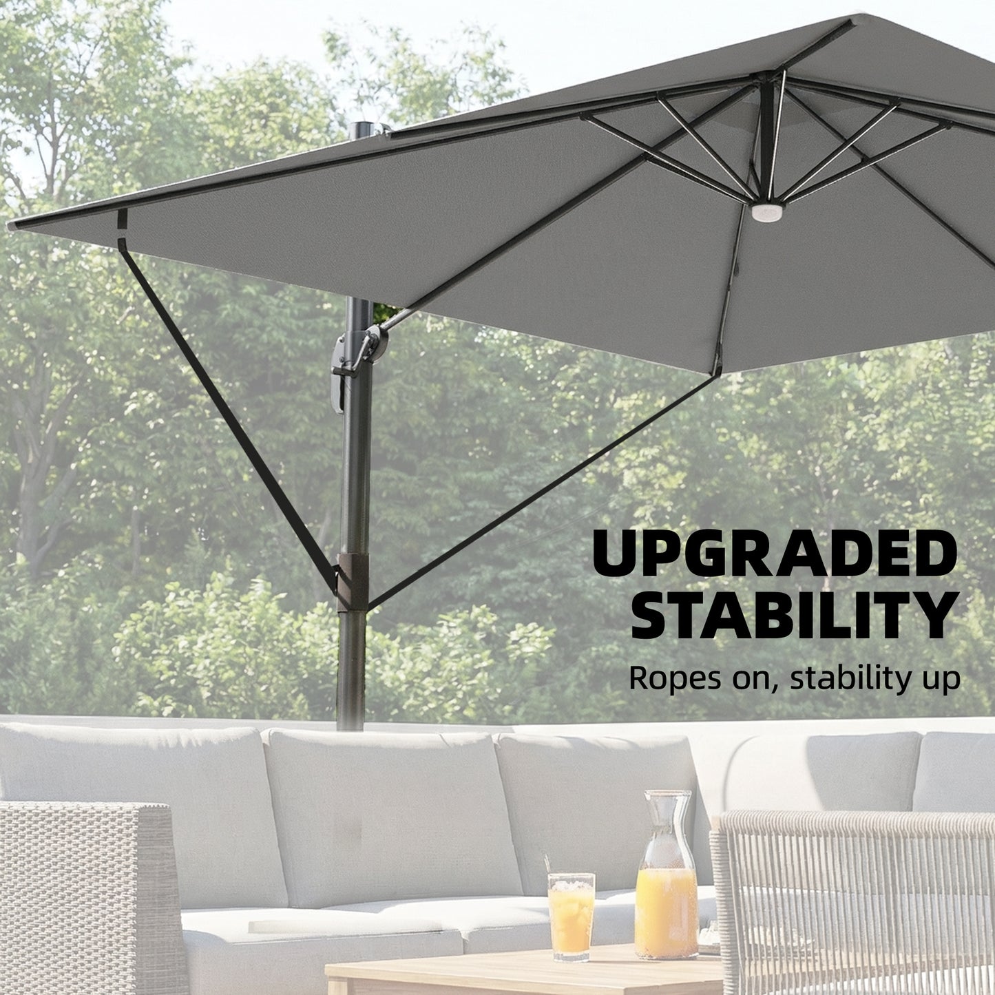 Outsunny 3 x 3 m Garden Cantilever Parasol with Light, Cover, Overhanging Umbrella w/ Wind Protection, 360° Rotation, Light Grey
